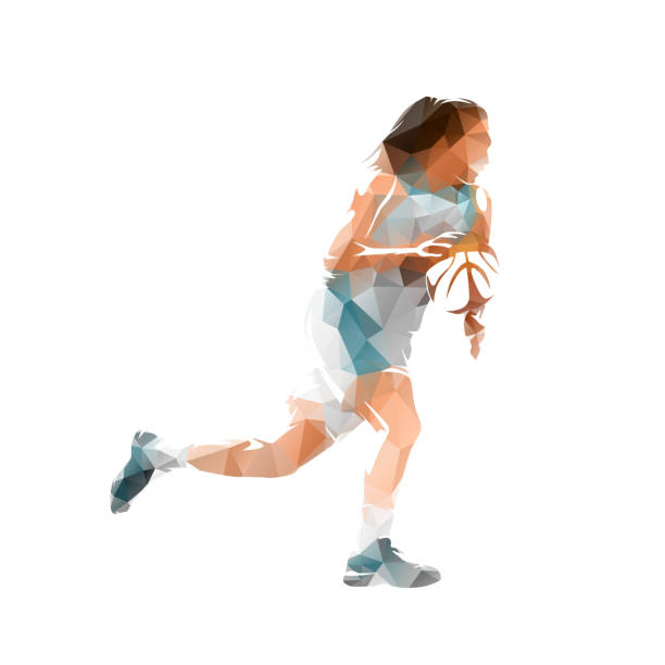 バスケットボールをしている女性、孤立した低ポリ ベクトル イラスト。女子チームスポーツ - basketball team sports healthy lifestyle isolated objects点のイラスト素材／クリップアート素材／マンガ素材／アイコン素材