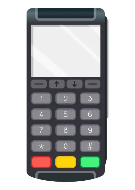 Vector illustration of Payment pos terminal. NFC payment machine concept. Bank payment terminal, mockup. Vector illustration in flat design
