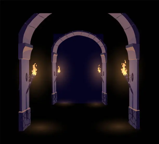 Vector illustration of Dark Dungeon. Long medieval castle corridor with torches. Interior of ancient Palace with stone arch. Vector illustration