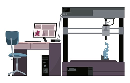 3d Printer for Creating Model in Laboratory. Modeling Printing Progress, Additive Technology Development, Innovation. Cartoon Flat Vector Illustration.