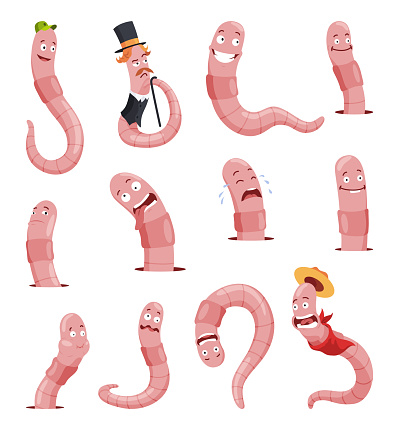 Funny worms collection. Soil crawlers with various emotion expressions. Set happy, amazement, pensive, upset applegrubs. Earth worm cartoon characters, wildlife nature. Insects for kids illustration.