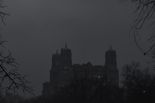 New York City Castle on a Foggy Night, Shot Crowded by Branches and Twigs