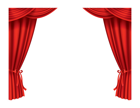 Red curtains realistic. Theater fabric silk decoration for movie cinema or opera hall. Curtains and draperies interior decoration object. Isolated on transparent for theater stage.