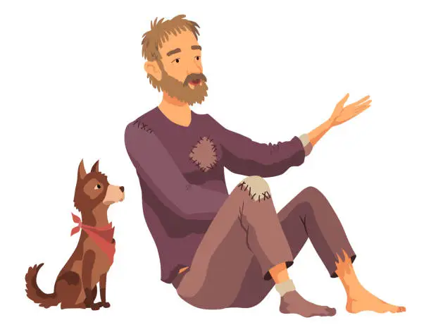 Vector illustration of Homeless man with dog. Cartoon flat character illustration