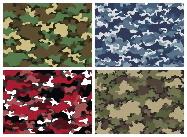 Vector illustration of Camouflage texture seamless patterns set. Abstract modern camo backgrounds for fabric and fashion textile print. Woodland style. Textures of classic clothing in masking style