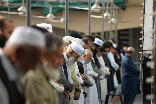 rawalpindi, pakistan: faithfull muslims offer eid prayer on the 1st day of Eid- ul-Fitar, at jamia ziaululoom mosque in rawalpindi on wednesday april 10,2024.muslims around the world are celebrating the three-day Eid al-Fitar festival, which commemorates the end of Islam's holy month of Ramadan.