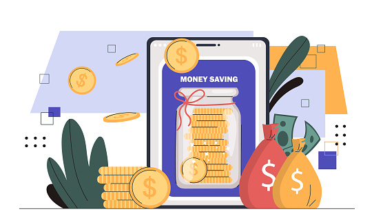 Money saving concept. Golden coins near red and green bags. Accounting and budgeting. Financial literacy and passive income. Economy and investing. Cartoon flat vector illustration