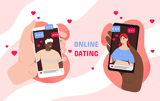 Online dating concept. Man and woman at smartphone screens. Romantic meeting in social networks and messengers. Romance and love. Romance in mobile application. Cartoon flat vector illustration