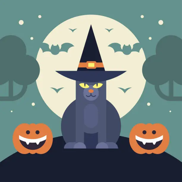 Vector illustration of Halloween kids greeting card with cute black cat pumpkin moon background vector flat illustration