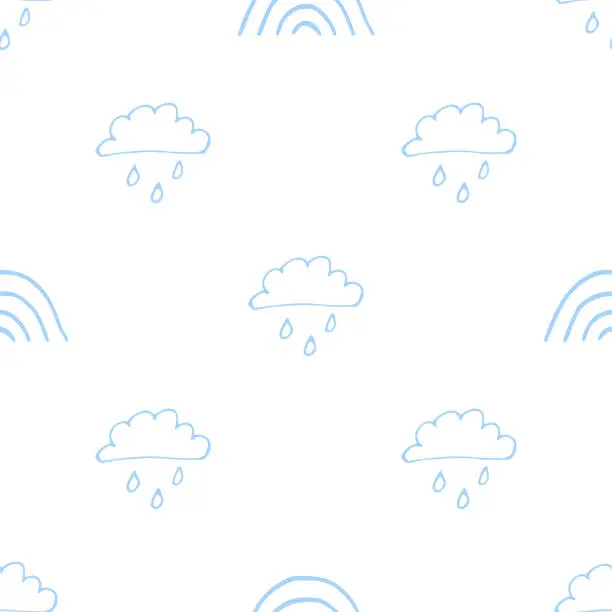 Vector illustration of A cloud with rain and a rainbow. A cute, minimalist set of wall art for the children's room. Seamless pattern collection. Children's design by Doodle.