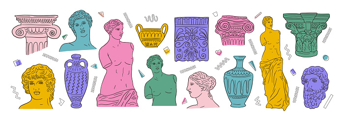 Greek ancient big set, various antique statues. Heads, vase, body. Vector hand drawn illustrations of classic sculpture in trendy modern style.