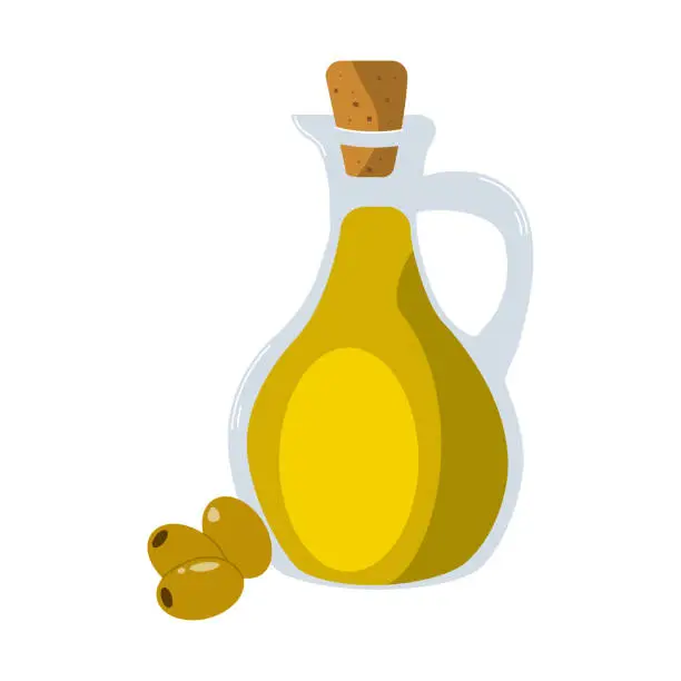 Vector illustration of Olive oil in a jug with olives, vector illustration, olive oil clipart