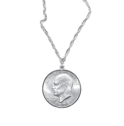 Dwight Eisenhower Silver Dollar D mint 1978 one dollar coin made into a necklace with silver chain,  Front obverse view.  last year of the series. isolated on white background
