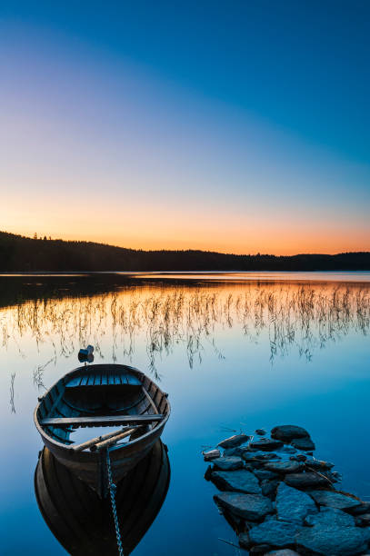 Row boat at lake during sunrise