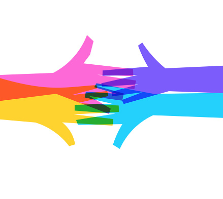 Vector illustration of a set of four human hands in vibrant colors.
