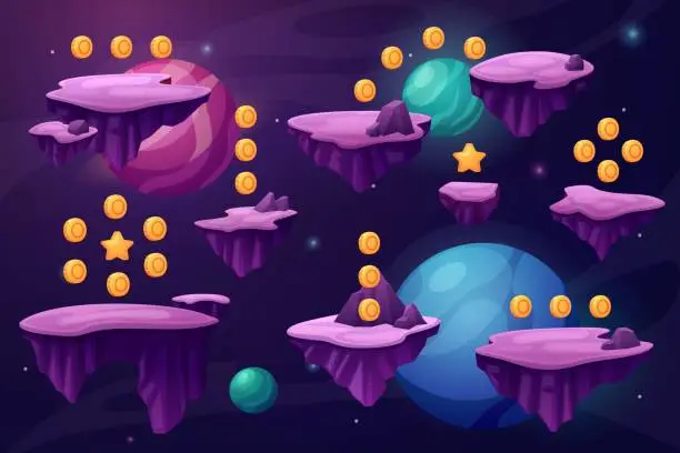 Vector illustration of Game space location. Videogame location design with floating islands and golden coins in universe. Fantasy world, jumping level nowaday vector scene