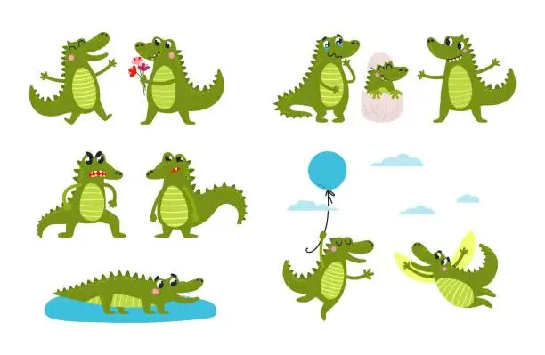 Vector illustration of Scenes with cute cartoon crocodiles. Crocodile family with newborn reptile from egg, flying and emotional wild animals. vector childish mascots