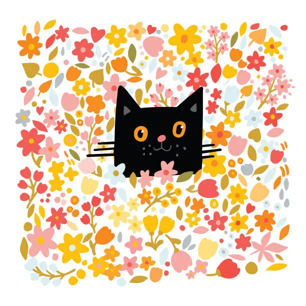 Funny black cat in flowers Funny black cat in flowers