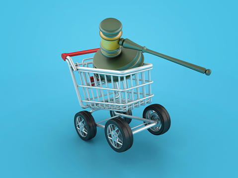 Legal Gavel with Shopping Cart on Wheels - Colored Background - 3D Rendering