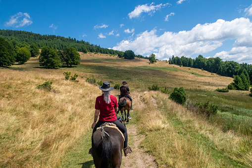 Nichlasmarkt, Gheorgheni, Romania - July 21, 2023:  Horseback riding in the carpathian landscape