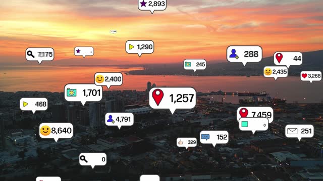 Social media and notification icons over the cities. social network concept