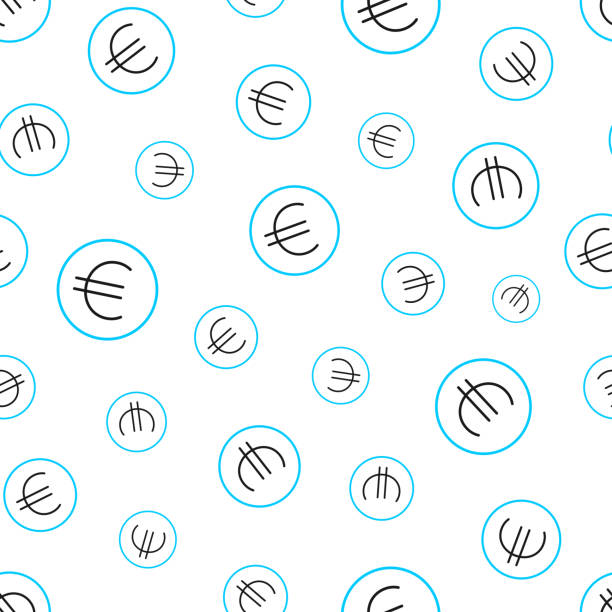 Euro coin. Seamless pattern. Line icons on white background Seamless pattern with a icon of "Euro coin". Black and blue line icon isolated on a blank background. Vector Illustration (EPS file, well layered and grouped). Easy to edit, manipulate, resize or colorize. Vector and Jpeg file of different sizes. background of a euro coins stock illustrations