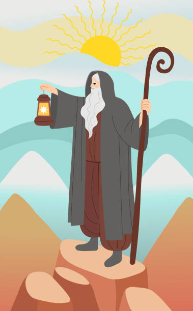 istock An old man with a staff and a lamp stands on a rock. Major Arcana tarot card design. Hand drawn cartoon. THE HERMIT. 2148110695