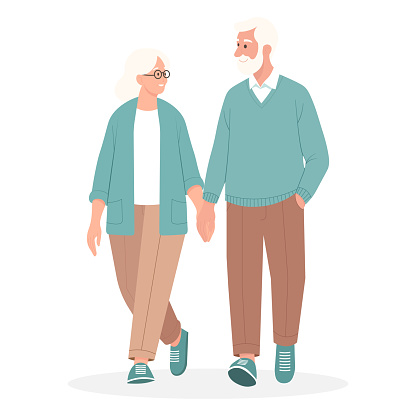 An elderly couple is walking hand in hand. Vector illustration.