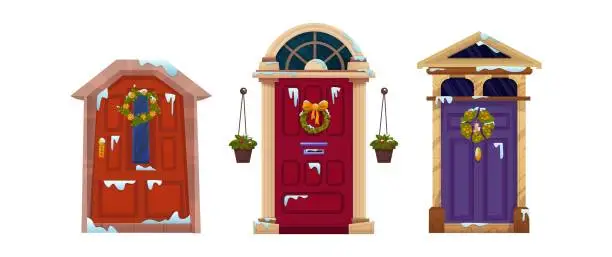 Vector illustration of Door decorated with Christmas traditional wreath