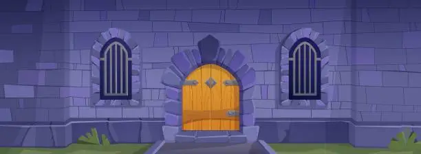 Vector illustration of Medieval castle stone wall with wooden close doors