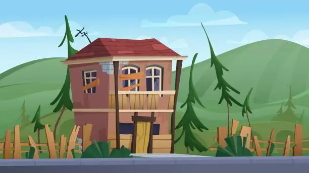 Vector illustration of Abandoned old broken house