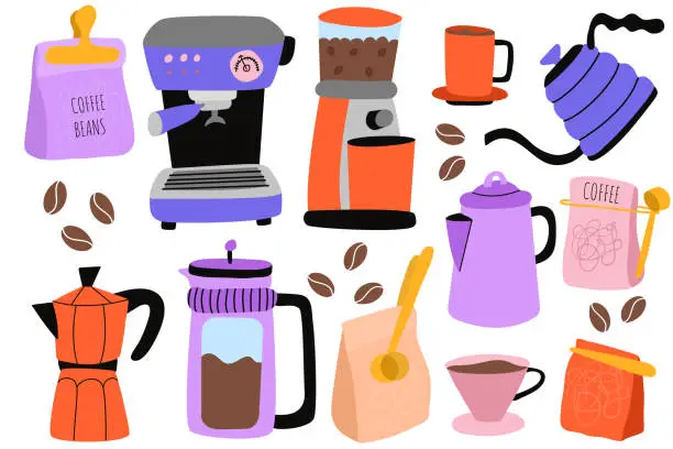 Vector illustration of Set of coffee machine, coffee bean packaging, french press, moka pot, cup, kettle icons. Icon collection for menu, coffee shop. Hand drawn modern Vector illustration