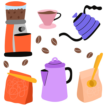 Set of coffee machine, coffee bean packaging, french press, moka pot, cup, kettle icons. Icon collection for menu, coffee shop. Hand drawn modern Vector illustration