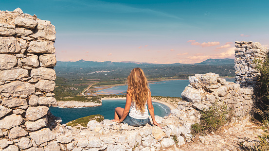 Greece travel destination vacation- Breathtaking view of famous beach in Peloponnese, Pylos, Voidokoilia in Messinia- Panoramic view at sunset, Bay landscape in Greece