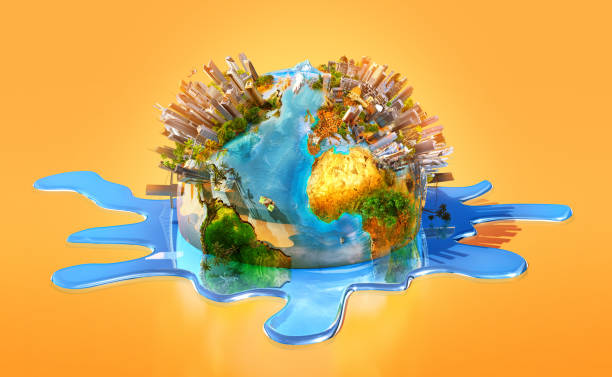 Heat wave: planet Earth, world globe melting 3d illustration. Hot summer sun, high temperature background. Global warming environmental ecological problems, climate change, green house effect concept