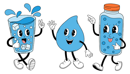 Groovy Drink more water. Cartoon characters in retro style of the 60s-70s, isolated on a white background. Vector illustration