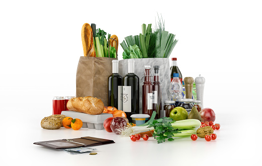 Supermarket shopping bags with grocery fresh food products, fruits, vegetables, bottles on white background. Rising cost of living, inflation, buying, budget planning, saving money, finances economy, consumer price index CPI, 3D