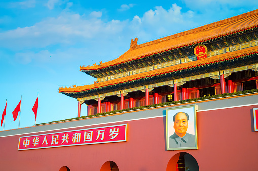 Beijing, China - Jan 9 2020: Tiananmen Gate of in front of the Forbidden City. The original building was first constructed in 1420 and was based on a gate of an imperial building in Nanjing