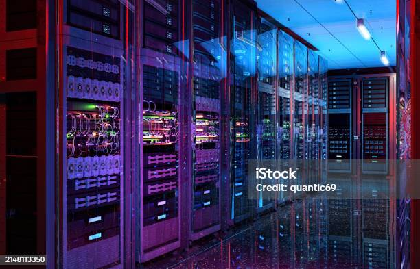 Data Center Server Racks It Modern Hardware Server Room Data Storage Center Database Information System Hosting It Data Backup Computing Technology Service Network Security Supercomputers 3d Stock Photo - Download Image Now