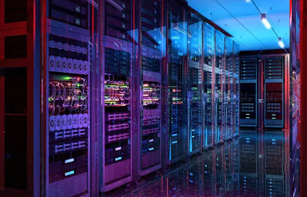 Photo of Data center server racks. IT modern hardware server room, data storage center, database information system. Hosting, it data backup, computing technology service, network security, supercomputers, 3D