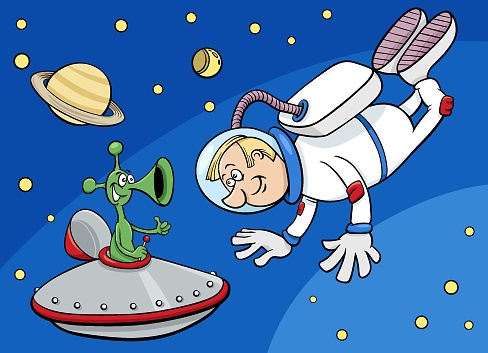 Cartoon illustration of spaceman or astronaut with alien in space