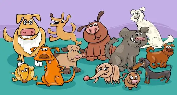 Vector illustration of cartoon dogs and puppies animal characters group