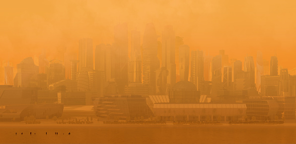 Buildings are shrouded in a red haze. Air traffic disrupted by severe sandstorm, dust storm. Orange smoke from forest fires has covered cities. Mass evacuation of the population is underway. Risk of breathing unhealthy air. 3D illustration