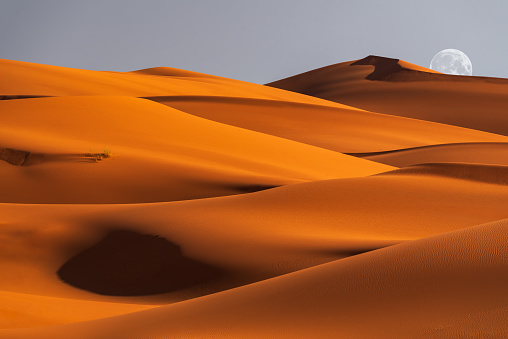 Merzouga, Morocco. Erg Chebbi sand dunes in the Sahara Desert, North Africa.