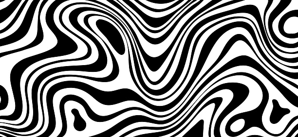 Black white zebra background. Wave psychedelic pattern in dynamics. Monochrome dynamic wallpaper