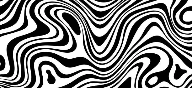 Vector illustration of Black white zebra background. Wave psychedelic pattern in dynamics. Monochrome dynamic wallpaper.