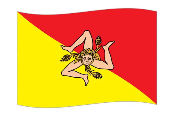 Vector illustration of Waving flag of Sicily region, administrative division of Italy. Vector illustration.