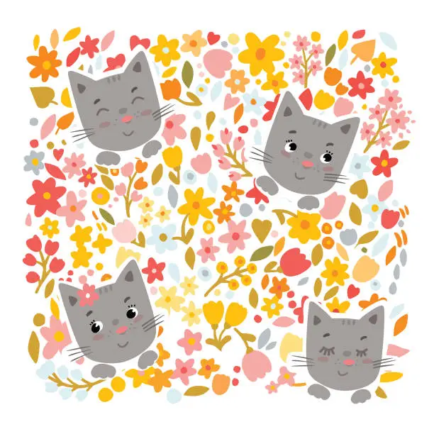 Vector illustration of cute cats on flowers