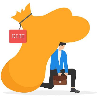 Business debt - Businessman carrying a big bag on his back having financial problems. Bad finance concept. Vector illustration