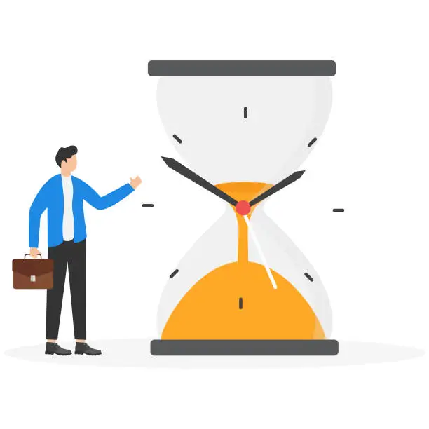 Vector illustration of Businessman thinking on hourglass. Wasting time. Too much thinking. Deadline or time management vector illustration concept